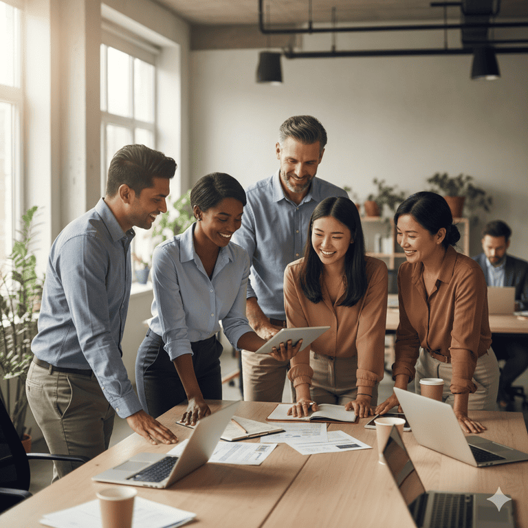 A team of happy employees, thanks to efficient payroll services.